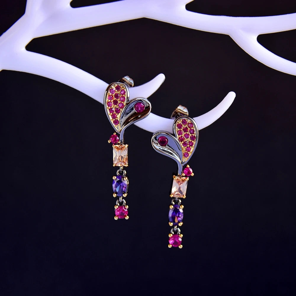 Elegant Drop Earrings with Cubic Zirconia in Fuchsia and Gold