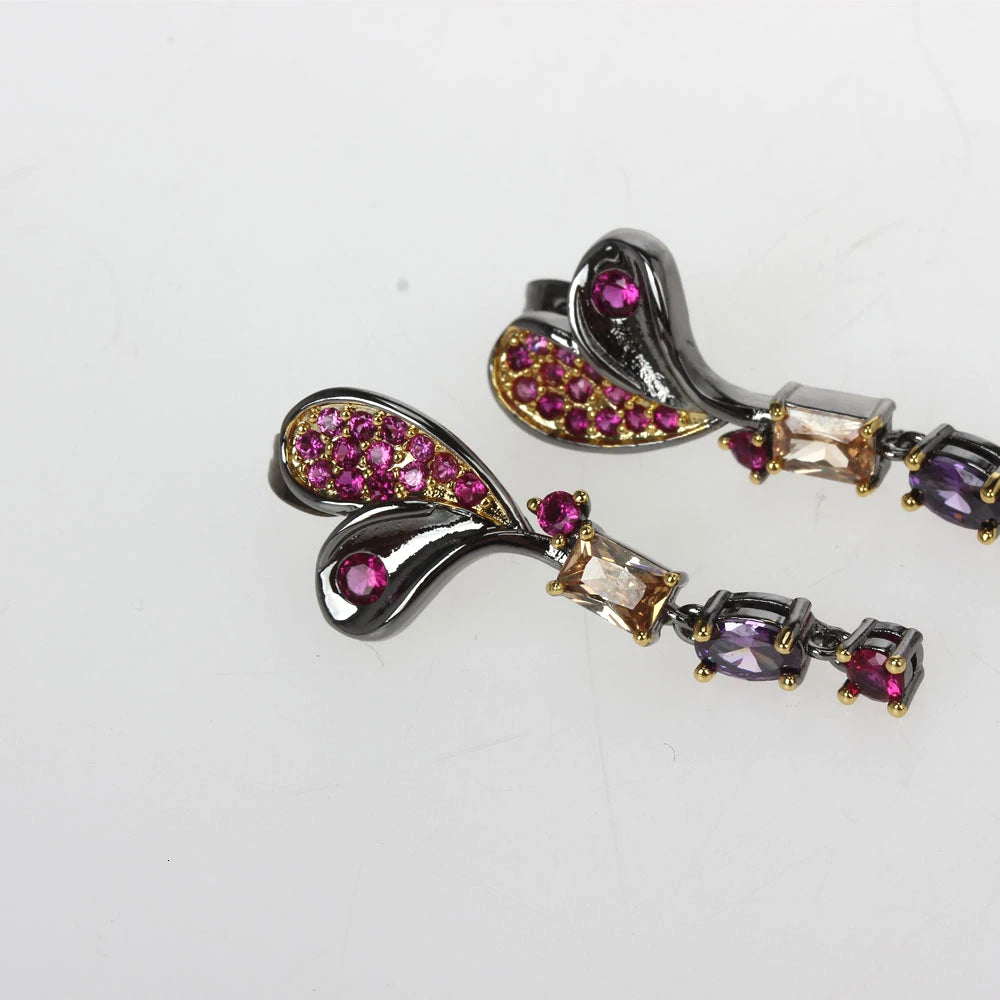 Elegant Drop Earrings with Cubic Zirconia in Fuchsia and Gold