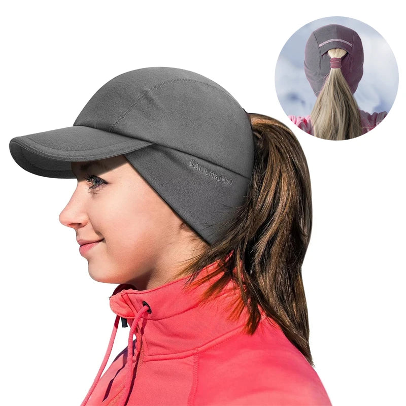 Women's Reflective Fleece Winter Hat with Ponytail Slot and Warm Ears