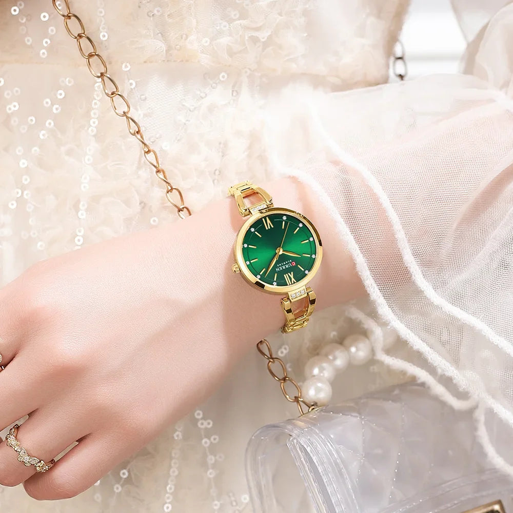 Elegant Ladies Quartz Watch with Rhinestones and Steel Band