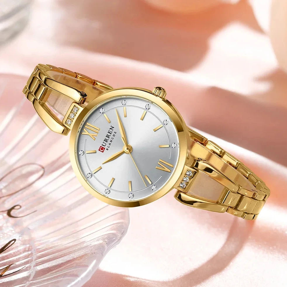 Elegant Ladies Quartz Watch with Rhinestones and Steel Band