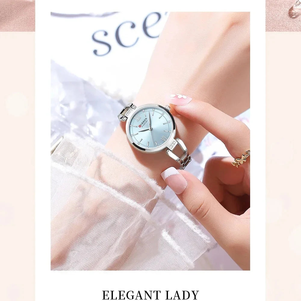 Elegant Ladies Quartz Watch with Rhinestones and Steel Band