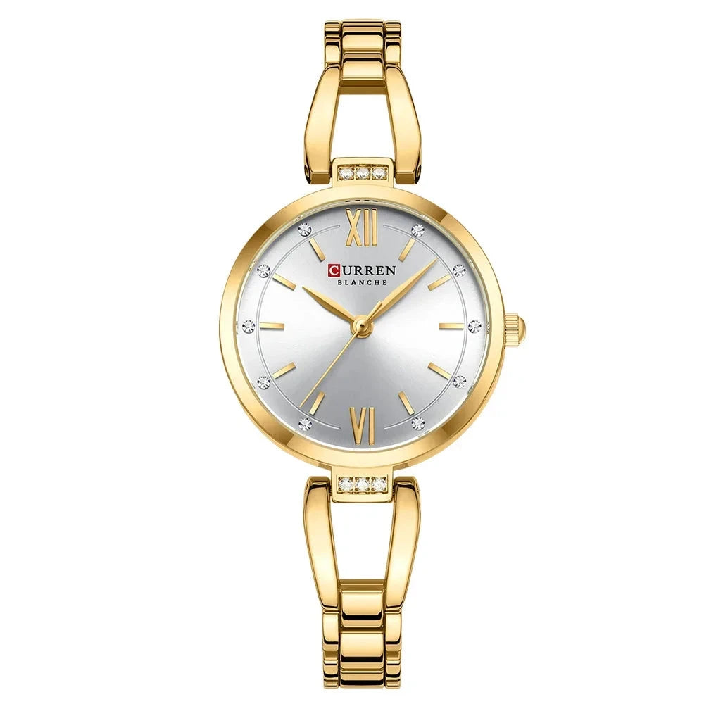 Elegant Ladies Quartz Watch with Rhinestones and Steel Band