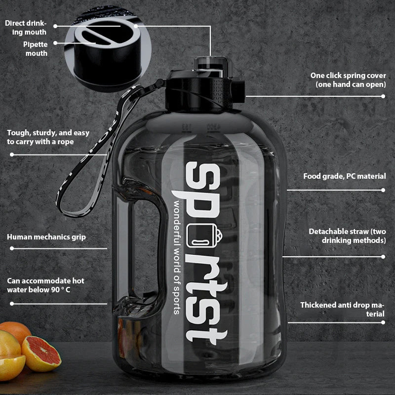 Adjustable Sports Water Bottle with Leak-Proof Lid and Strap – 1700ml+