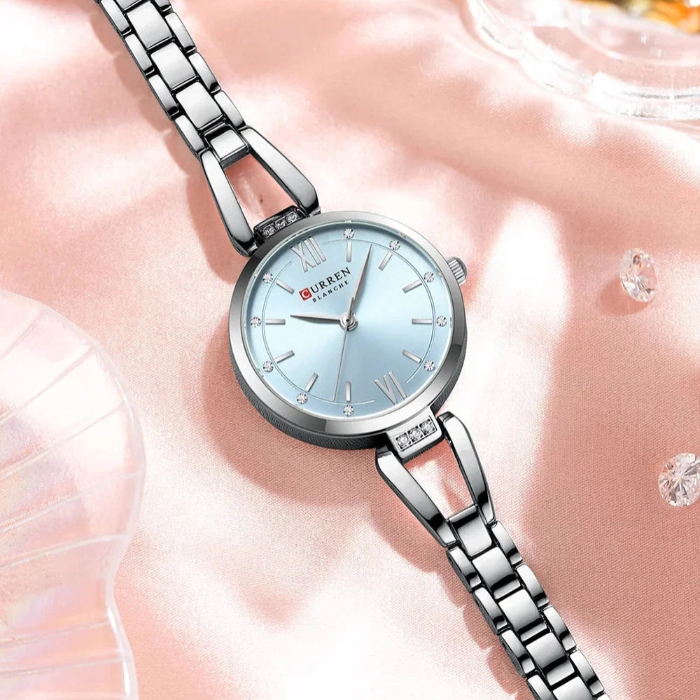 Elegant Ladies Quartz Watch with Rhinestones and Steel Band