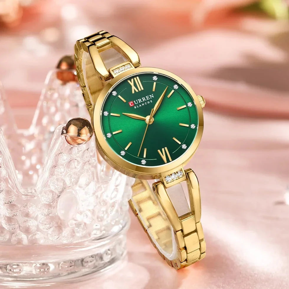 Elegant Ladies Quartz Watch with Rhinestones and Steel Band